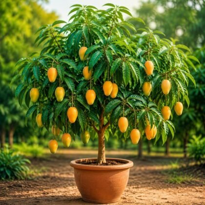Mango plant in a terracotta pot with ripe mangoes
